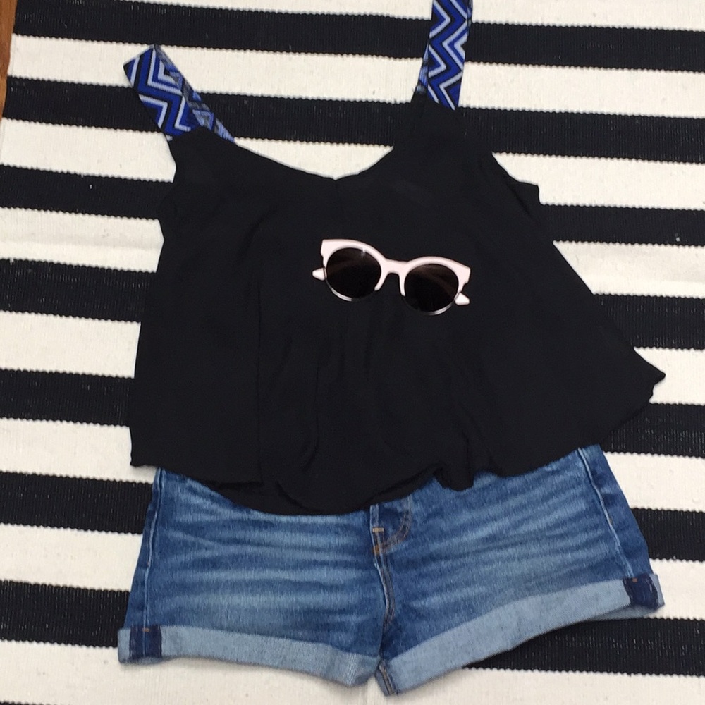 Black Sheer Cropped Tank with Blue Chevron Straps